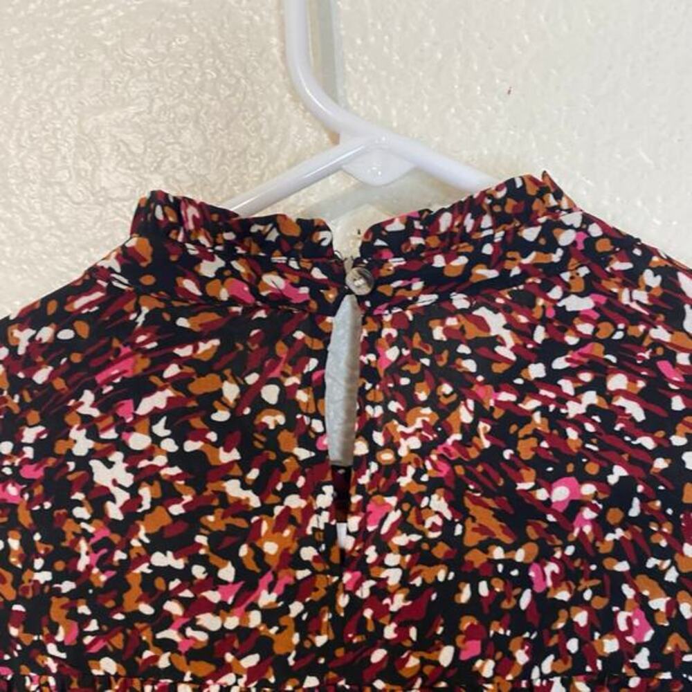 THML Burgundy Abstract‎ Confetti Smocked Waist Ruffle Neck Mini Dress Size S - Picture 12 of 13